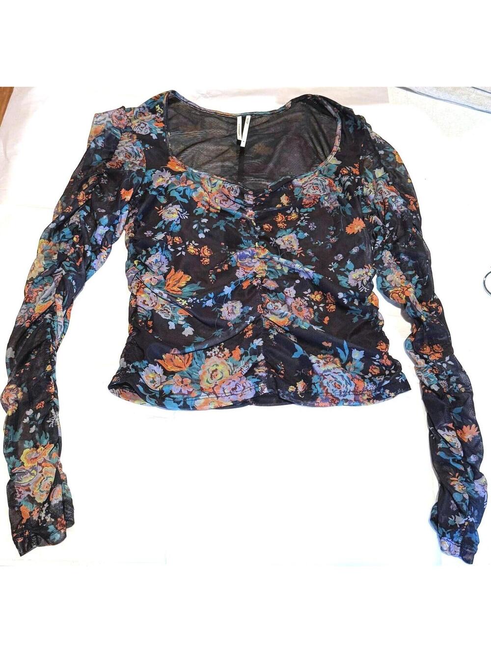 Anthropologie Mesh Long Sleeve Floral Ruched Y2K Blouse